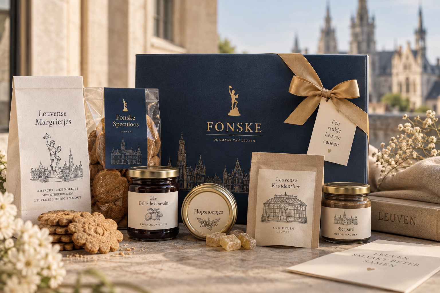 Fonske geschenkbox met Leuvense streekproducten voor de skyline van Leuven
