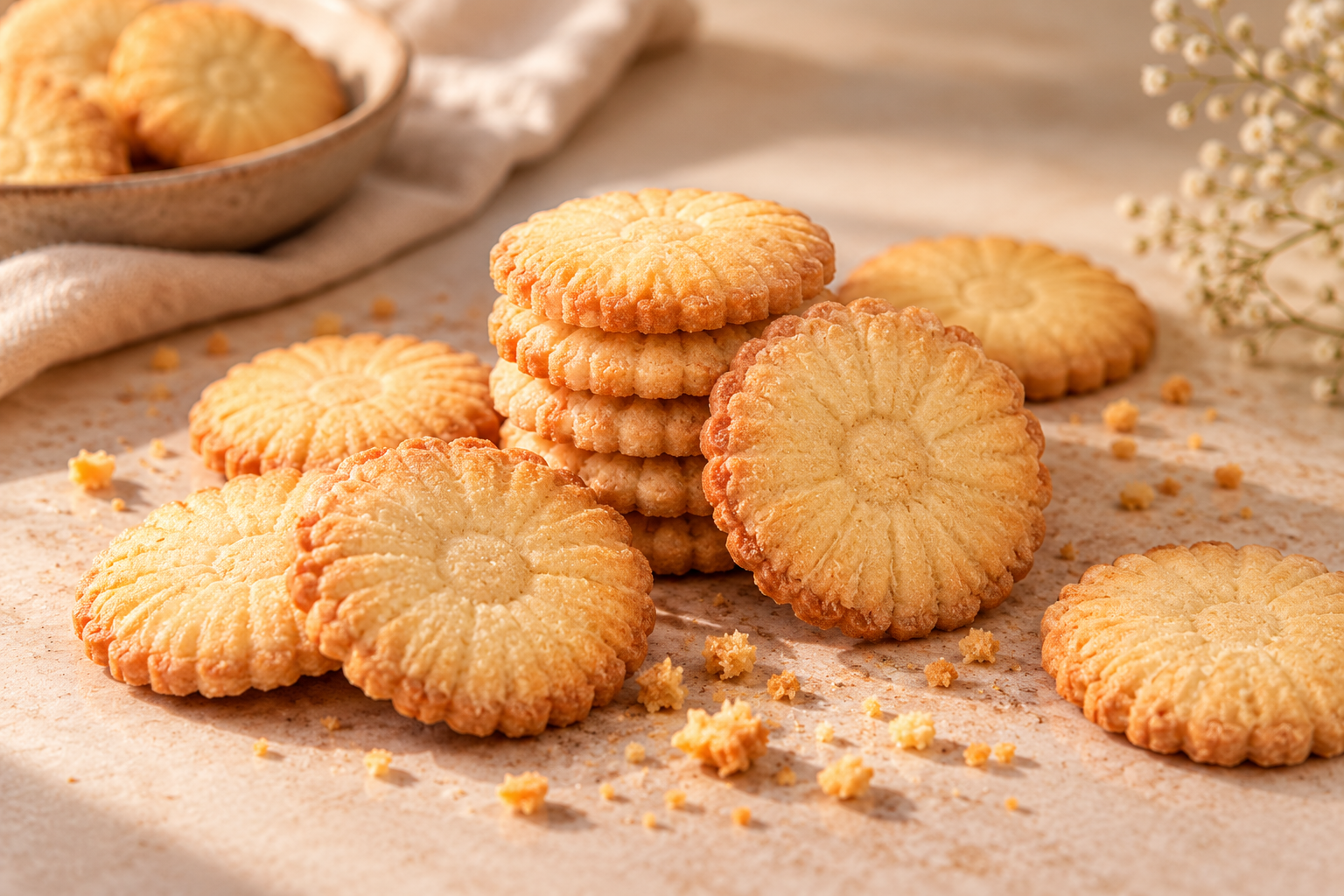 Gouden bloesemkoekjes op marmer